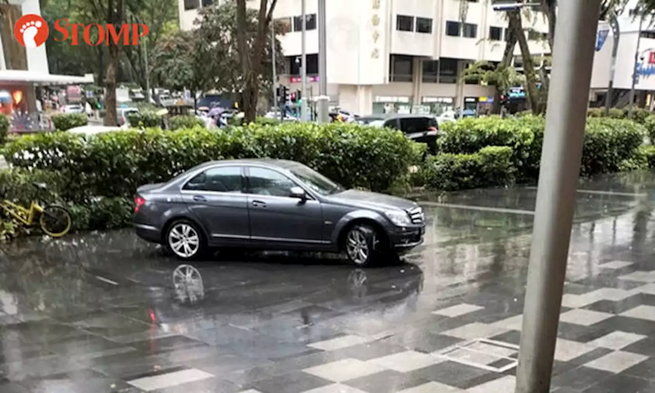 Bad weather or bad driving? Car ends up on walkway outside Shaw Centre