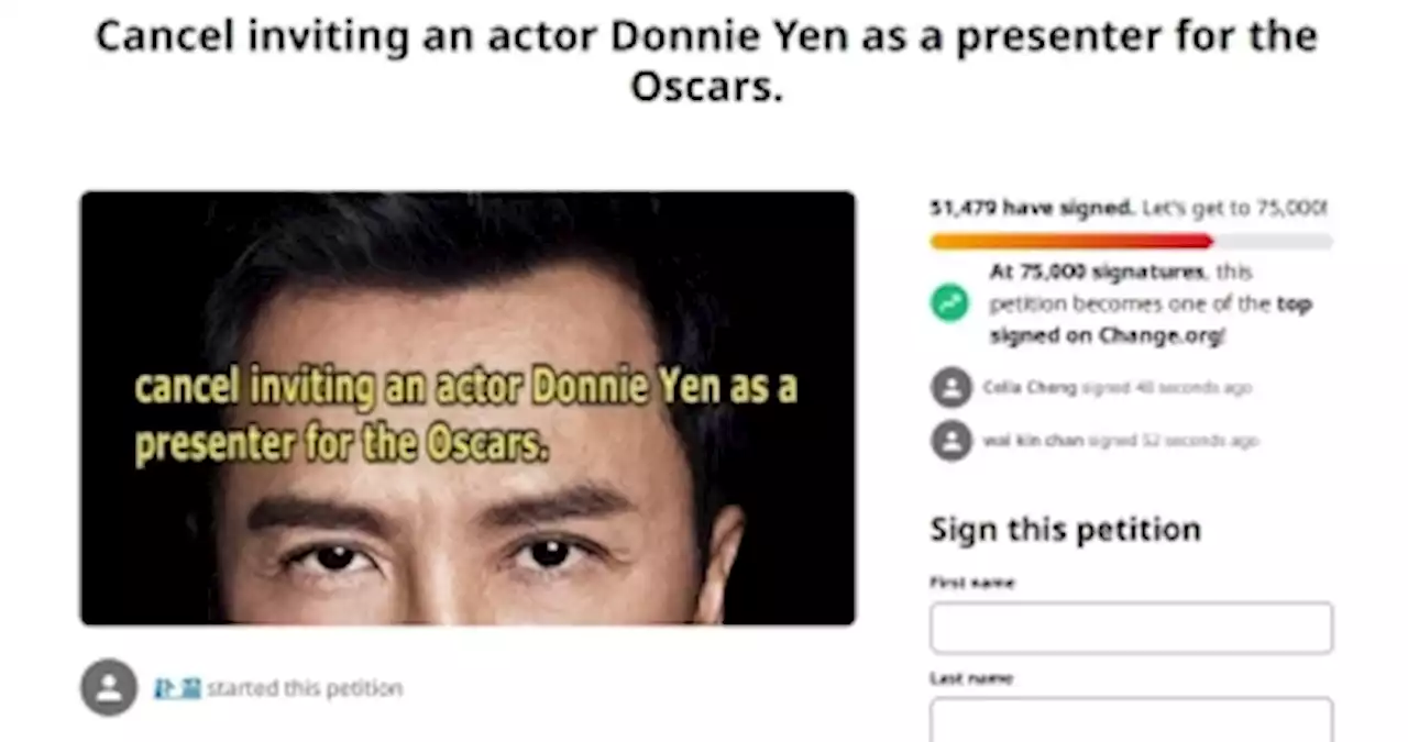 Petition to cancel HK actor Donnie Yen as Oscars presenter due to his support for Chinese Communist Party