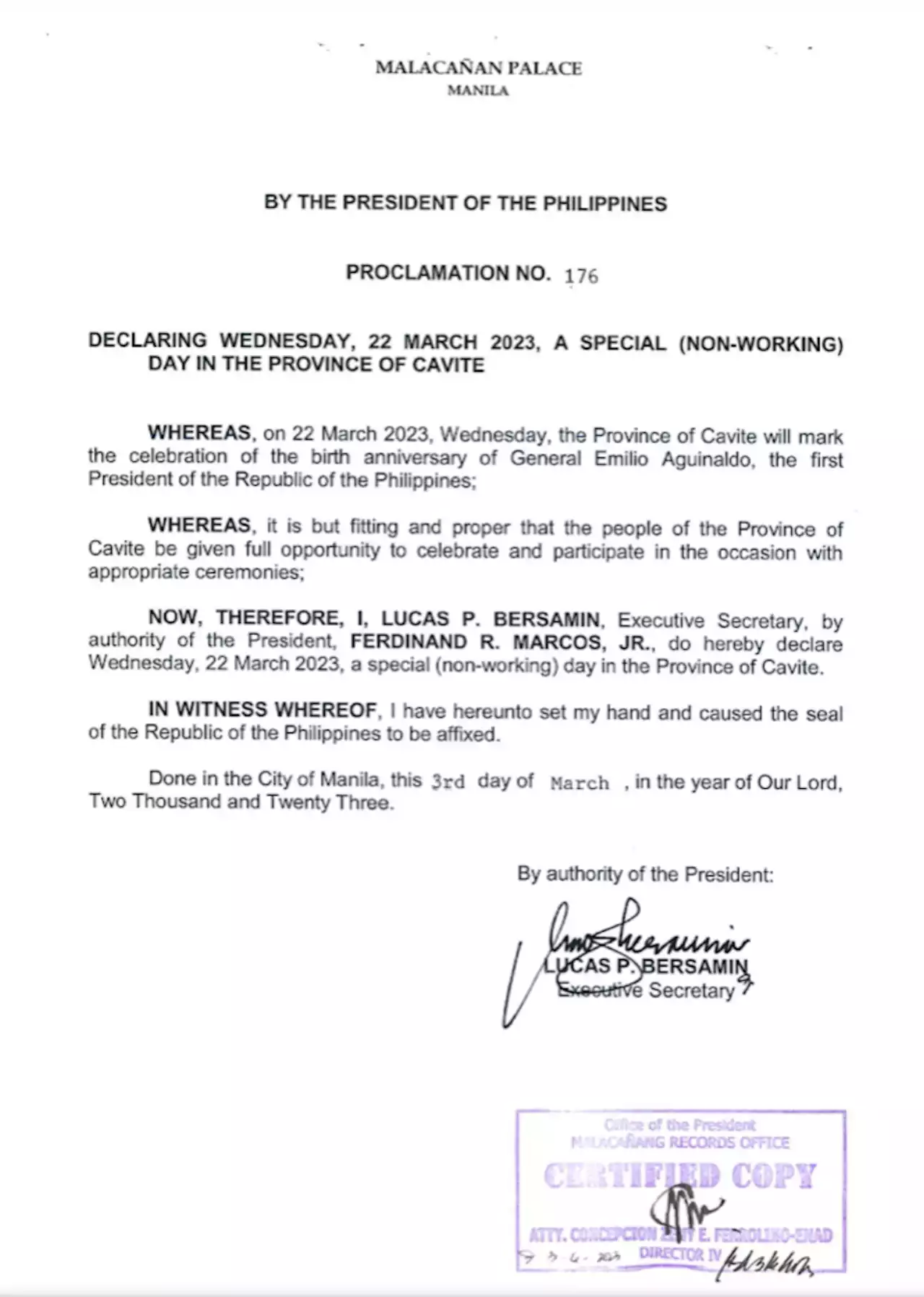 March 22 declared special non-working holiday in Cavite