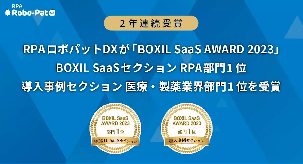 【2年連続】RPAロボパットDXが「BOXIL SaaS AWARD 2023」BOXIL SaaSセクション RPA部門1位、導入事例セクション 医療・製薬業界部門1位を受賞