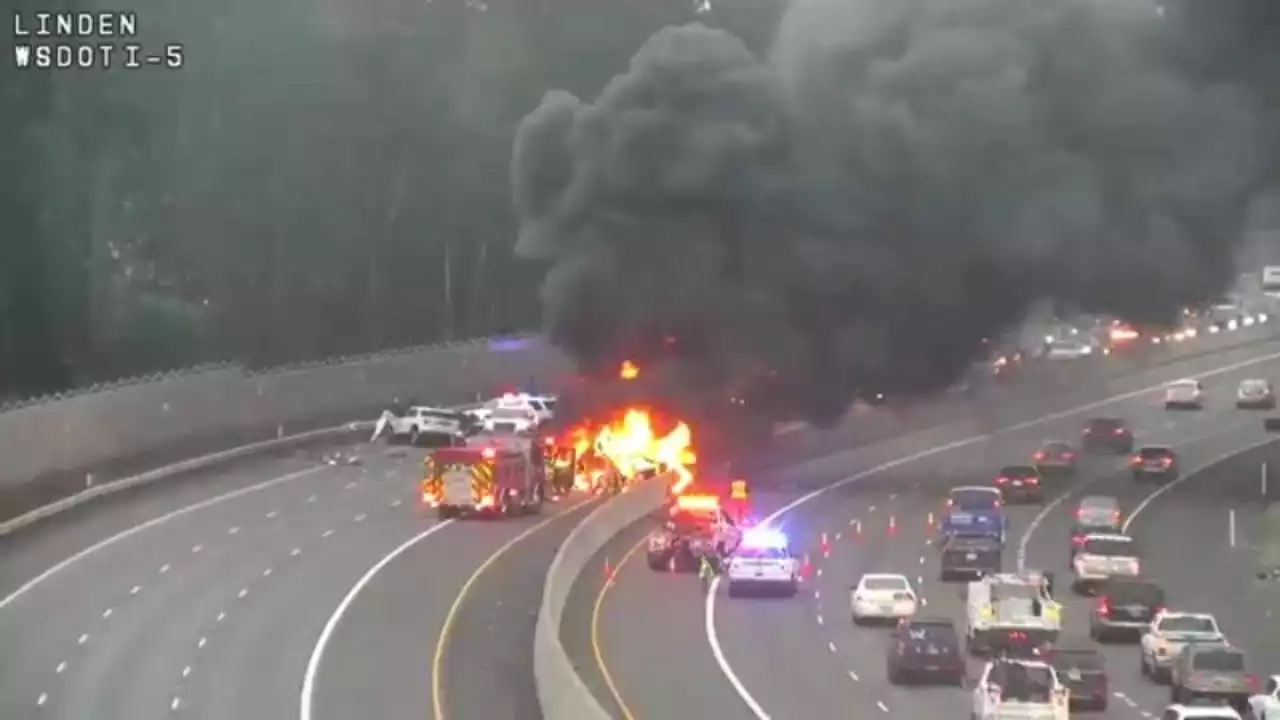 Car catches fire after wrong-way collision on I-5 near JBLM, northbound closed