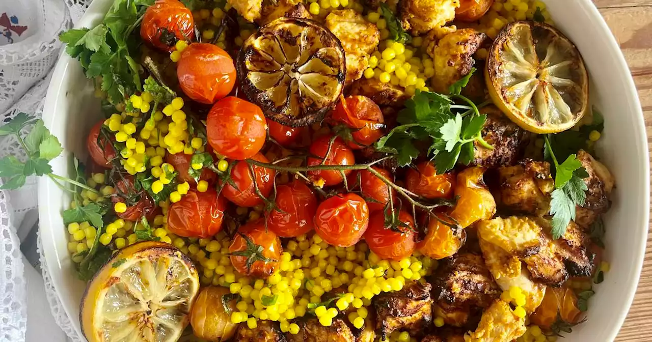 Tahini-crusted chicken skewers with giant couscous