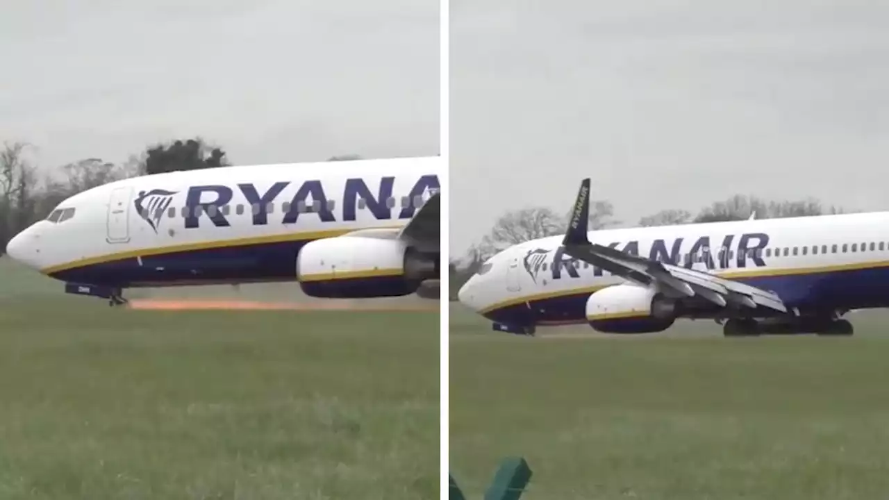 Terrifying moment sparks fly from Ryanair plane after nose wheel collapses during landing