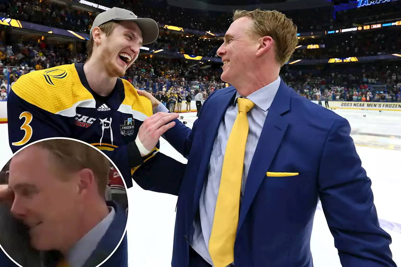 Quinnipiac hockey coach Rand Pecknold asks ESPN reporter for hug during emotional interview