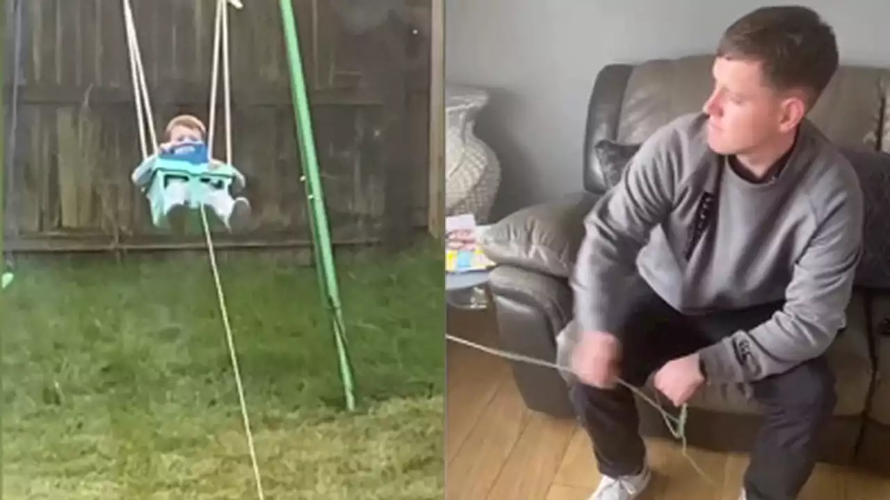 Dad rigs up rope to pull backyard swing set from comfort of couch