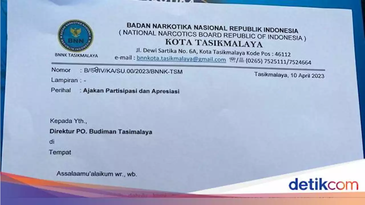 Surat Minta THR ke PO Budiman Viral, Kepala BNN Tasikmalaya Minta Maaf