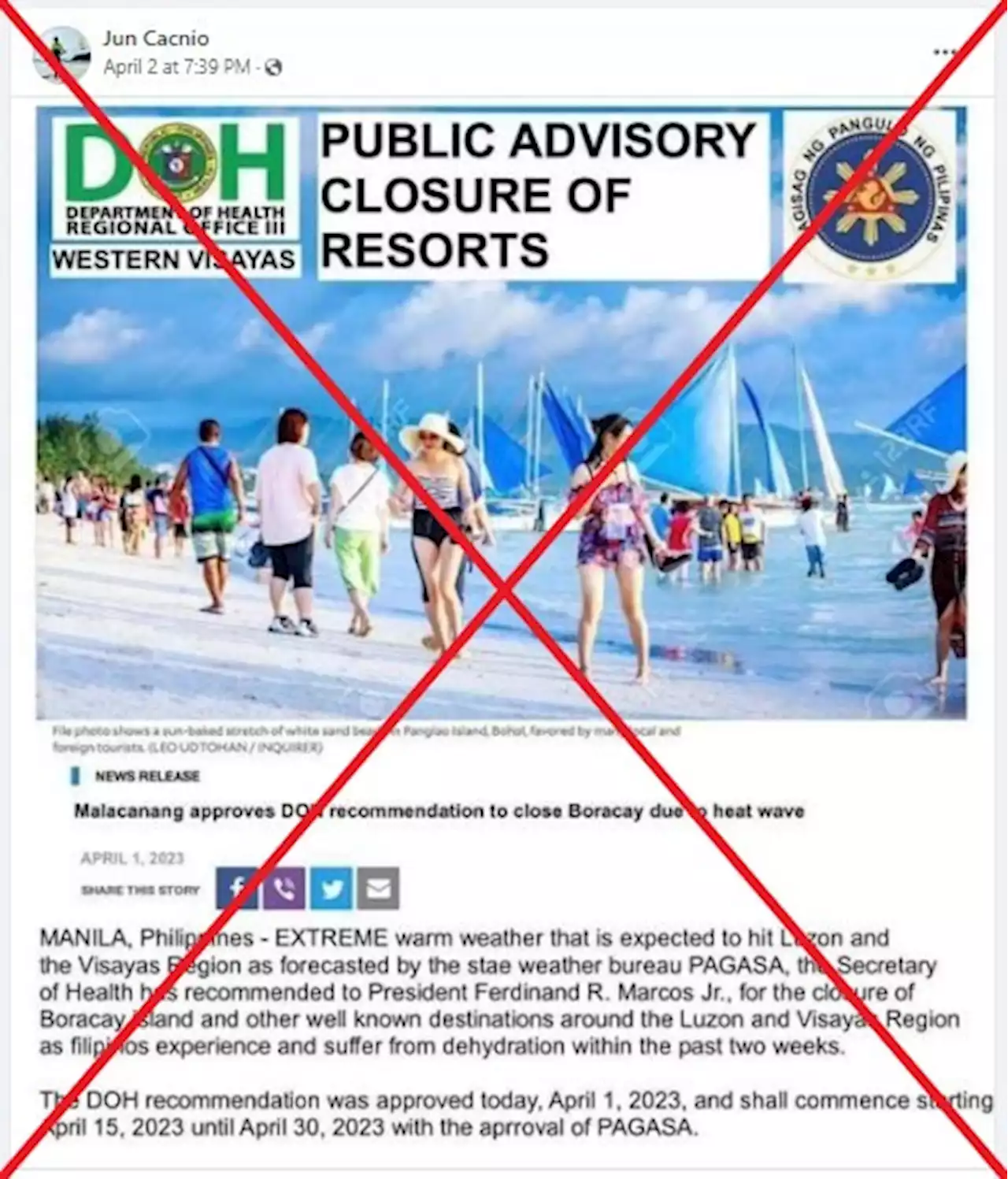 Hoax govt advisory falsely claims Philippine beaches closed due to 'heat wave'