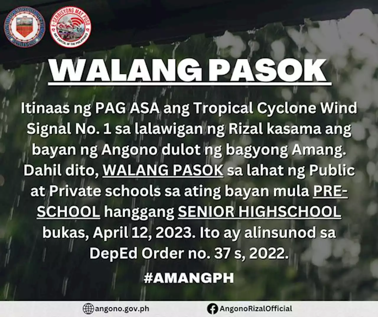 Classes suspended in Angono, Rizal due to TD Amang