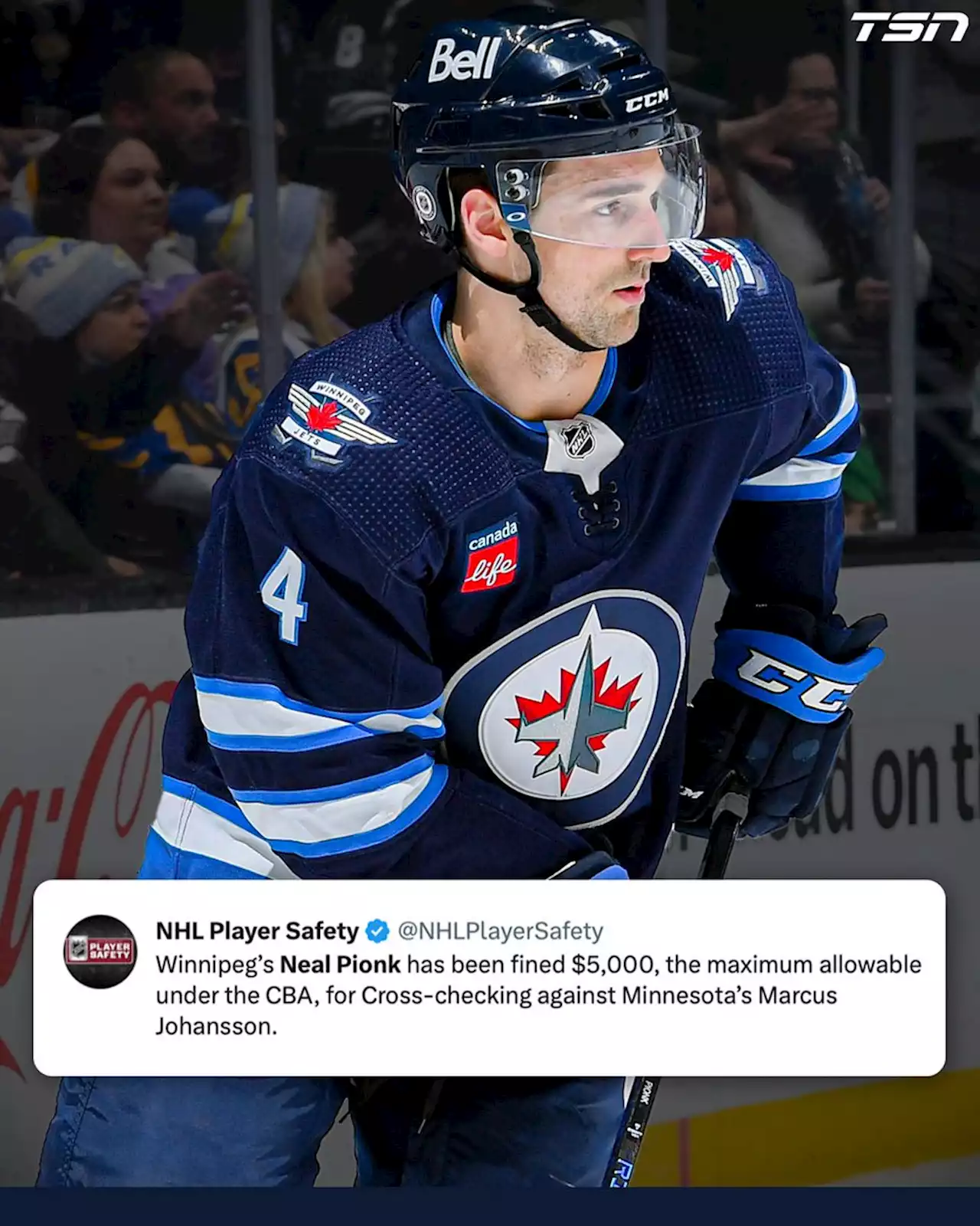 Winnipeg Jets defenceman Neal Pionk fined $5K for cross-checking | TSN