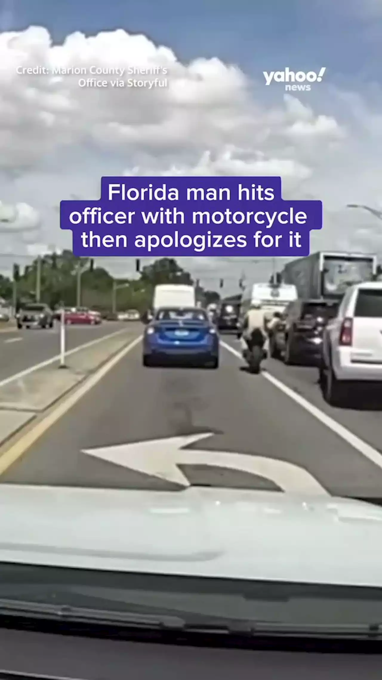 ‘Sorry about that, man.’ Motorcyclist stopped with no plate rams into cop, video shows