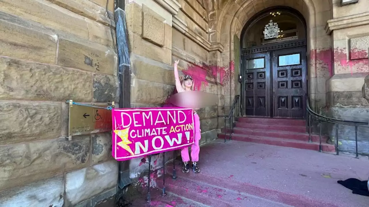 Topless protester who crashed Junos chains herself to Prime Minister's Office in Ottawa, vandalizes doorway