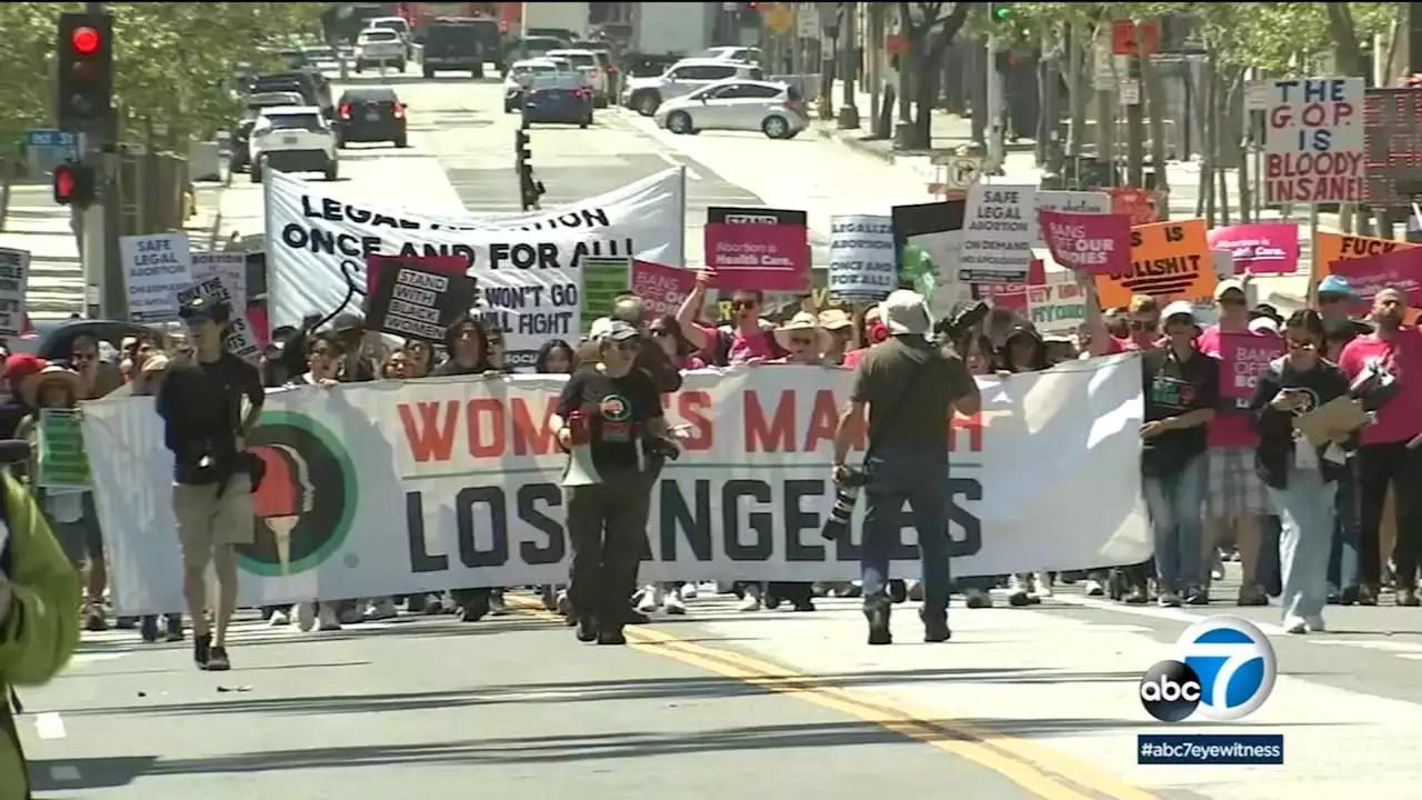 Protesters march through downtown LA in opposition to possible abortion drug ban, VP Harris speaks