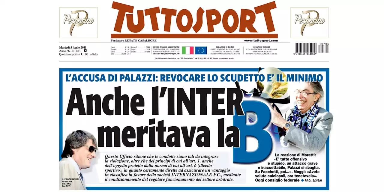 Calciopoli, Palazzi: l'Inter 2006 meritava la B, non lo scudetto