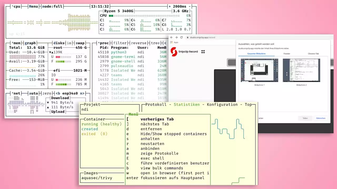 Kurztests: Systemmonitor, Docker-Helfer und ein Bildschirmrekorder im Browser