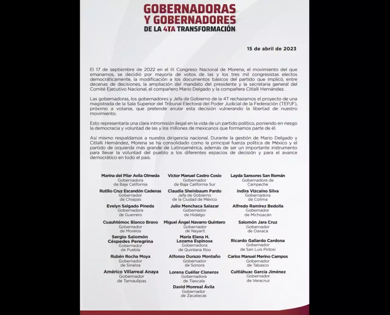 Defienden gobernadores de Morena ampliar periodo de dirigentes