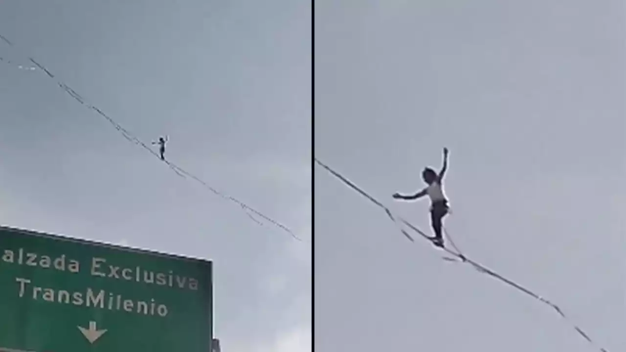 [VIDEO] Trapecista cruzó el centro de Bogotá sobre un cable