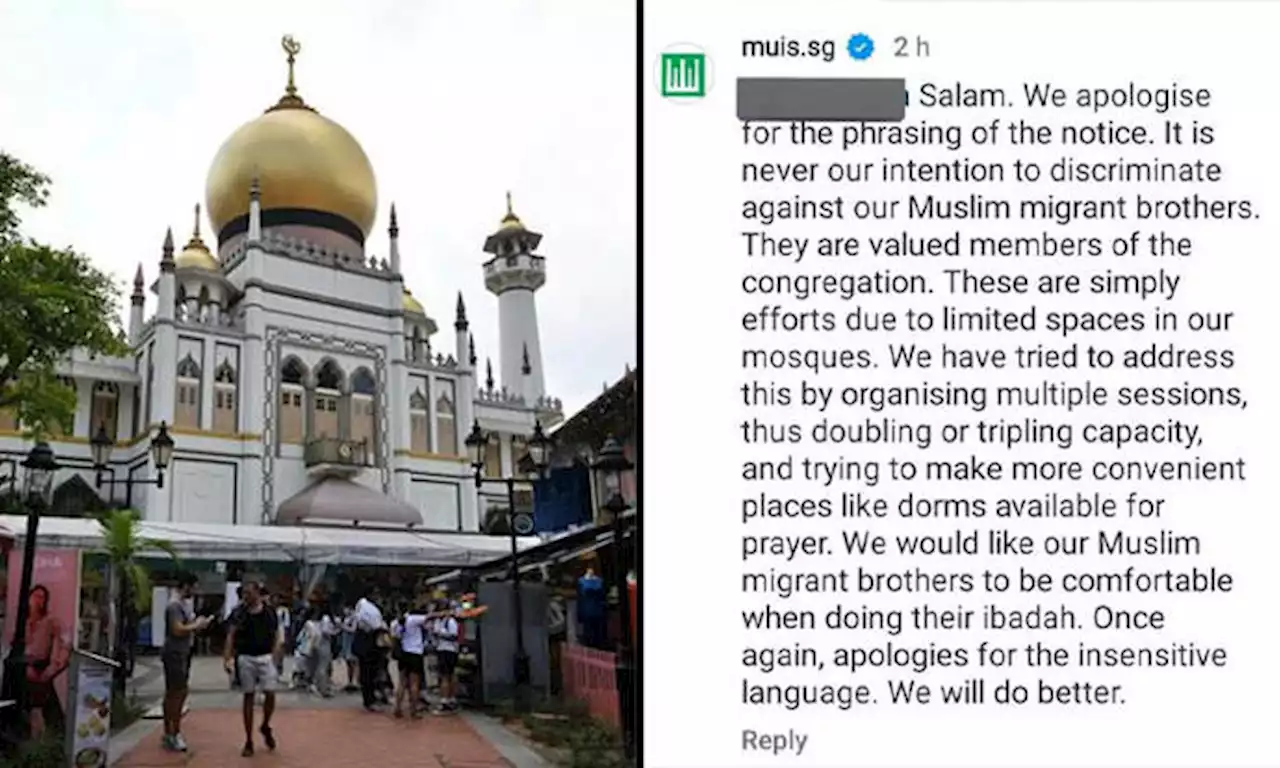 Muis apologises for 'phrasing' of notice asking migrant workers to pray at dorms instead of mosques on Hari Raya