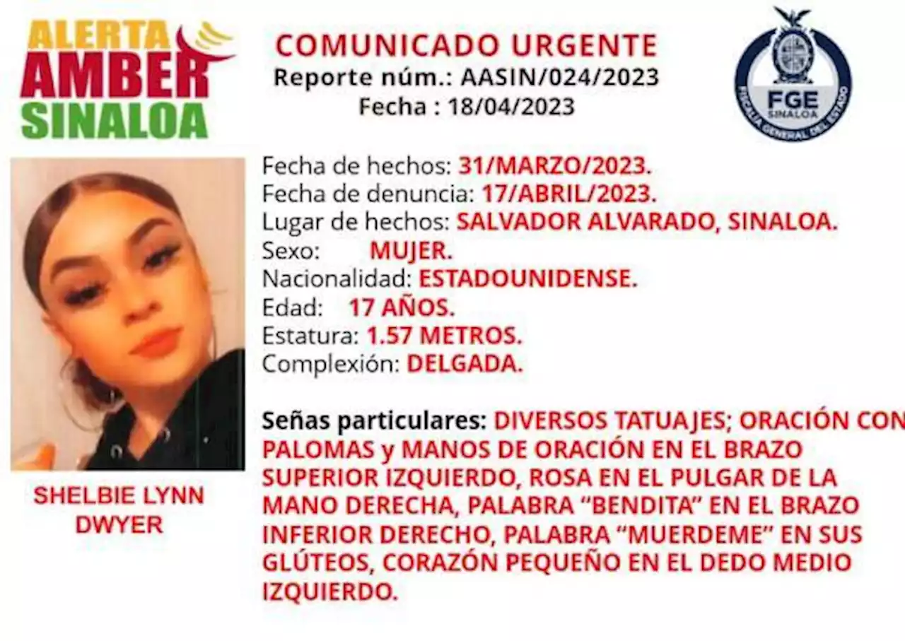 Reportan desaparición de Shelbie Lynn Dwyer, menor estadounidense, en Sinaloa