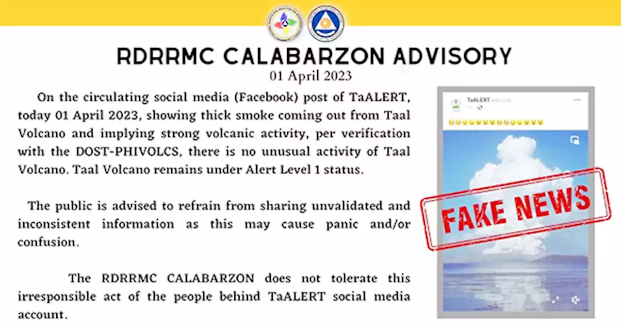 Filipinos warned on false reports on Taal Volcano circulating online