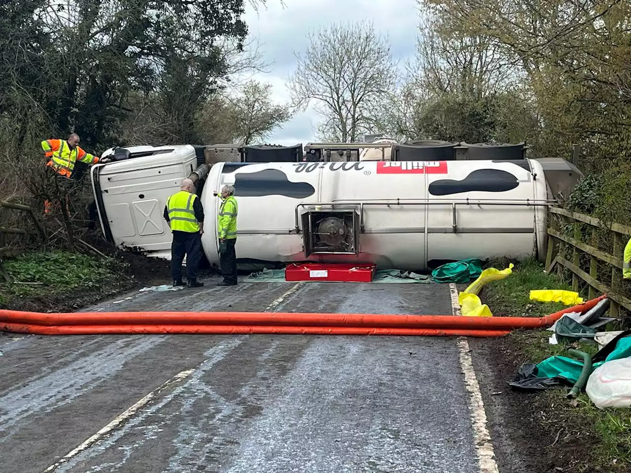 Shropshire firefighters rush to help deal with overturned milk tanker