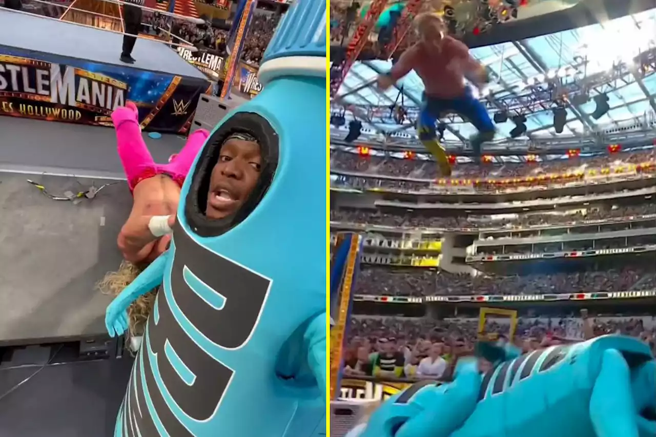 Logan Paul puts Prime mascot KSI through table during Wrestlemania match