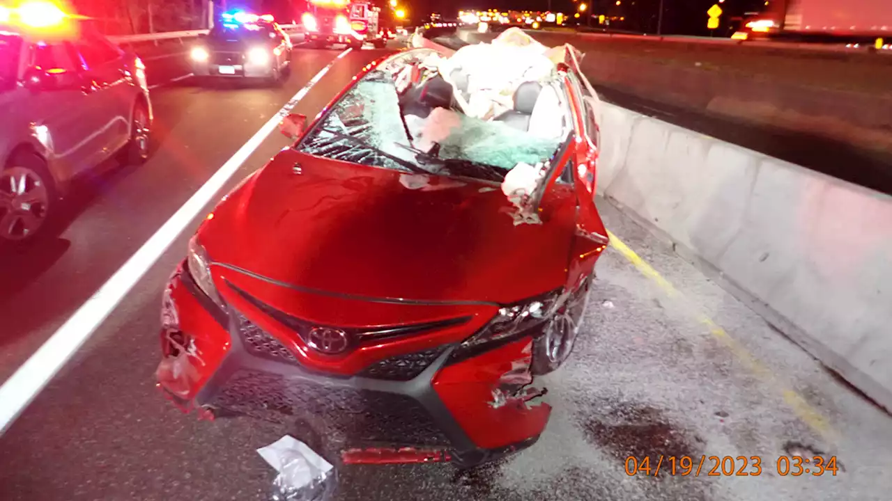 Dramatic photos show car destroyed after being hit by loose tire on Connecticut highway