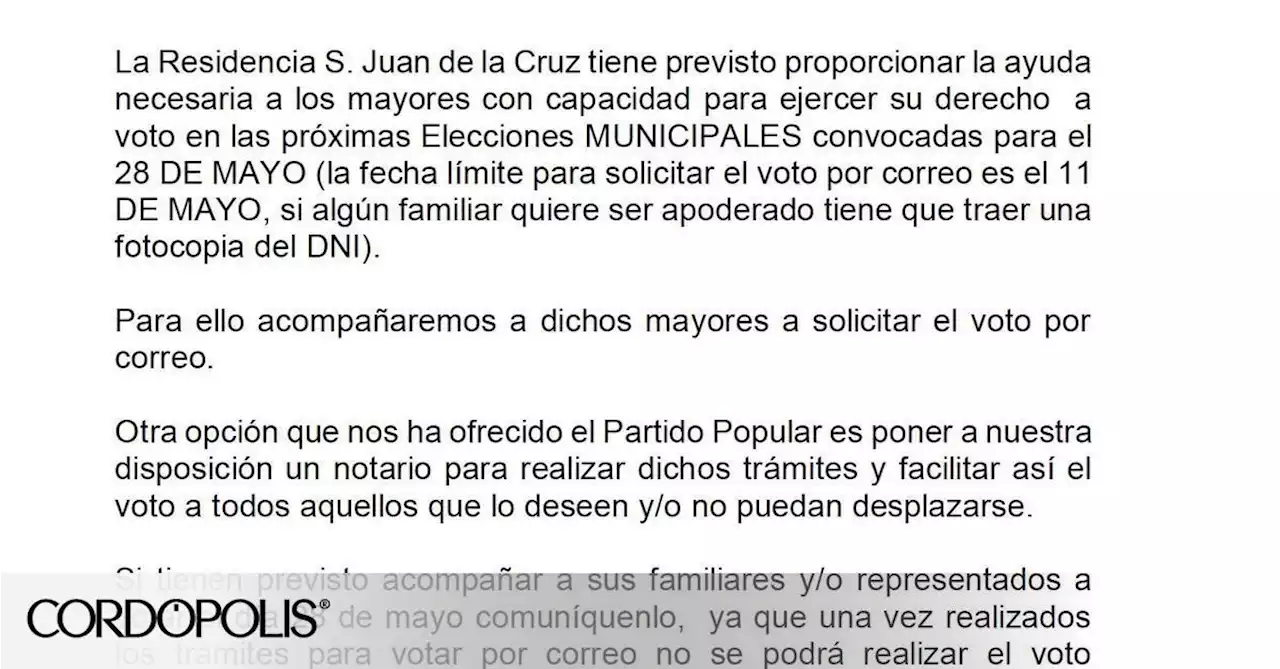 IU denuncia que una residencia de mayores concertada con la Junta está pidiendo el voto para el PP