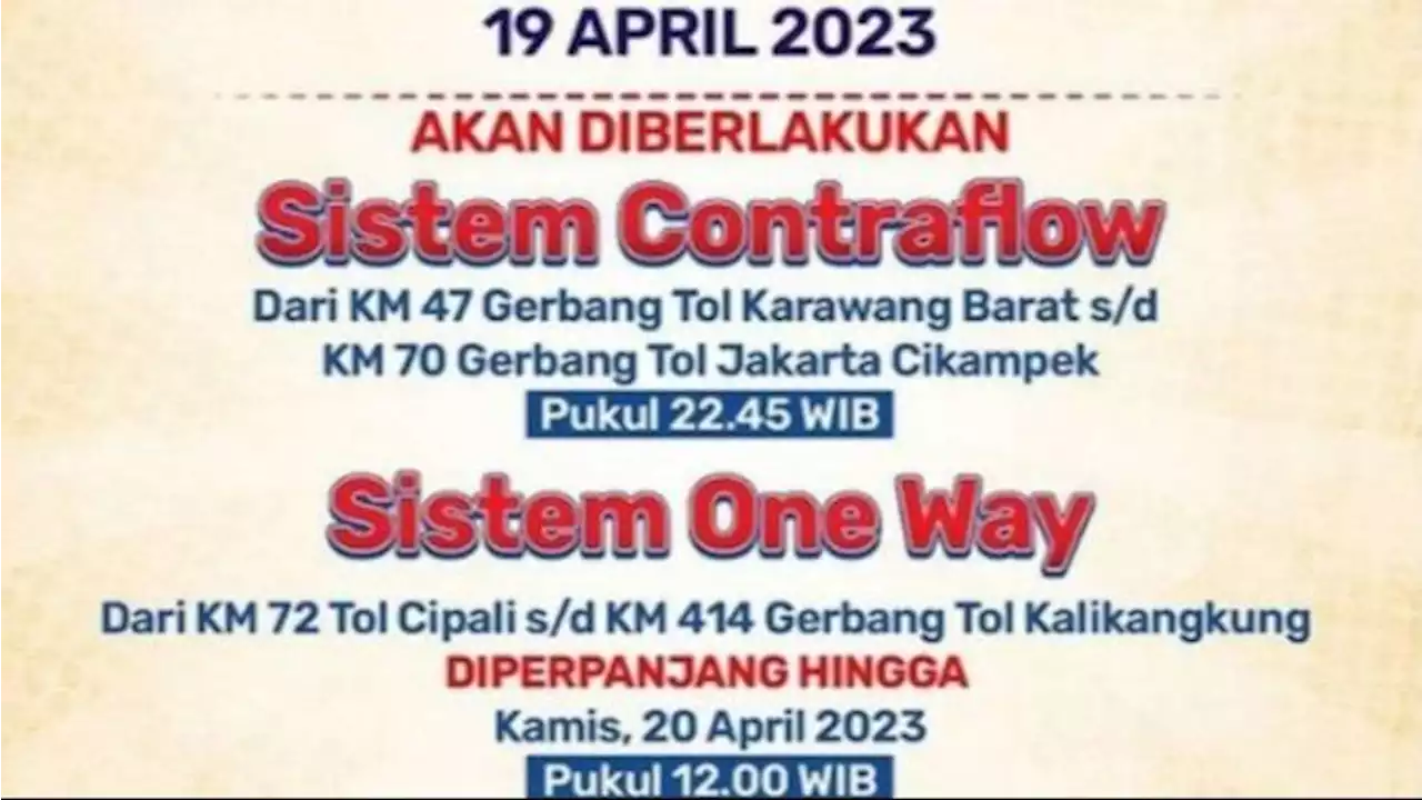 One Way di KM 72 Tol Cipali-KM 414 GT Kalikangkung Diperpanjang Sampai Jam 12.00 WIB