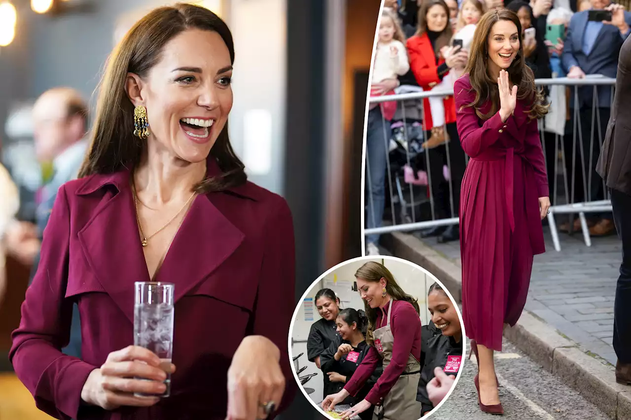 Kate Middleton wows in burgundy trench dress in Birmingham — and it’s on sale