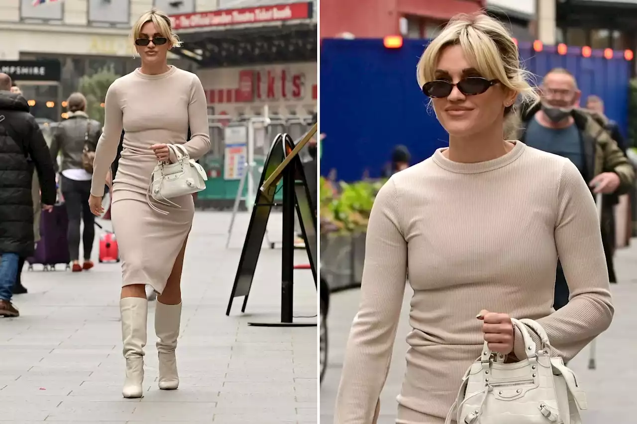 Ashley Roberts looks incredible in skintight nude dress and knee high boots as she leaves radio job in London