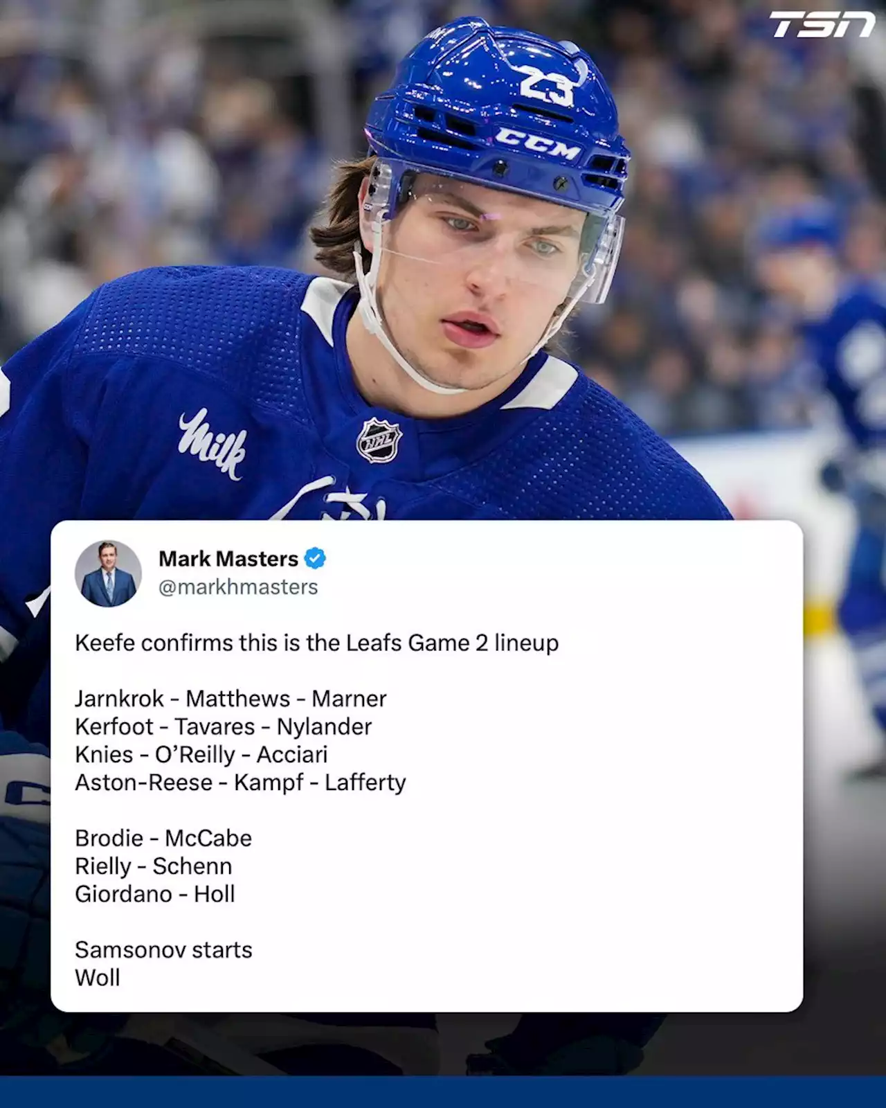 Toronto Maple Leafs' Matthew Knies to make playoff debut in Game 2 vs. Tampa Bay Lightning | TSN