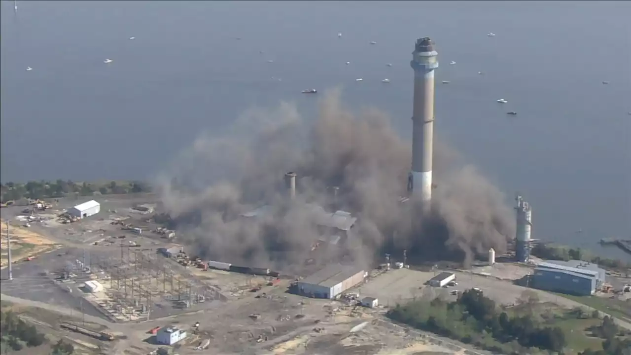 Implosion brings down part of former power plant in Cape May County, N.J.