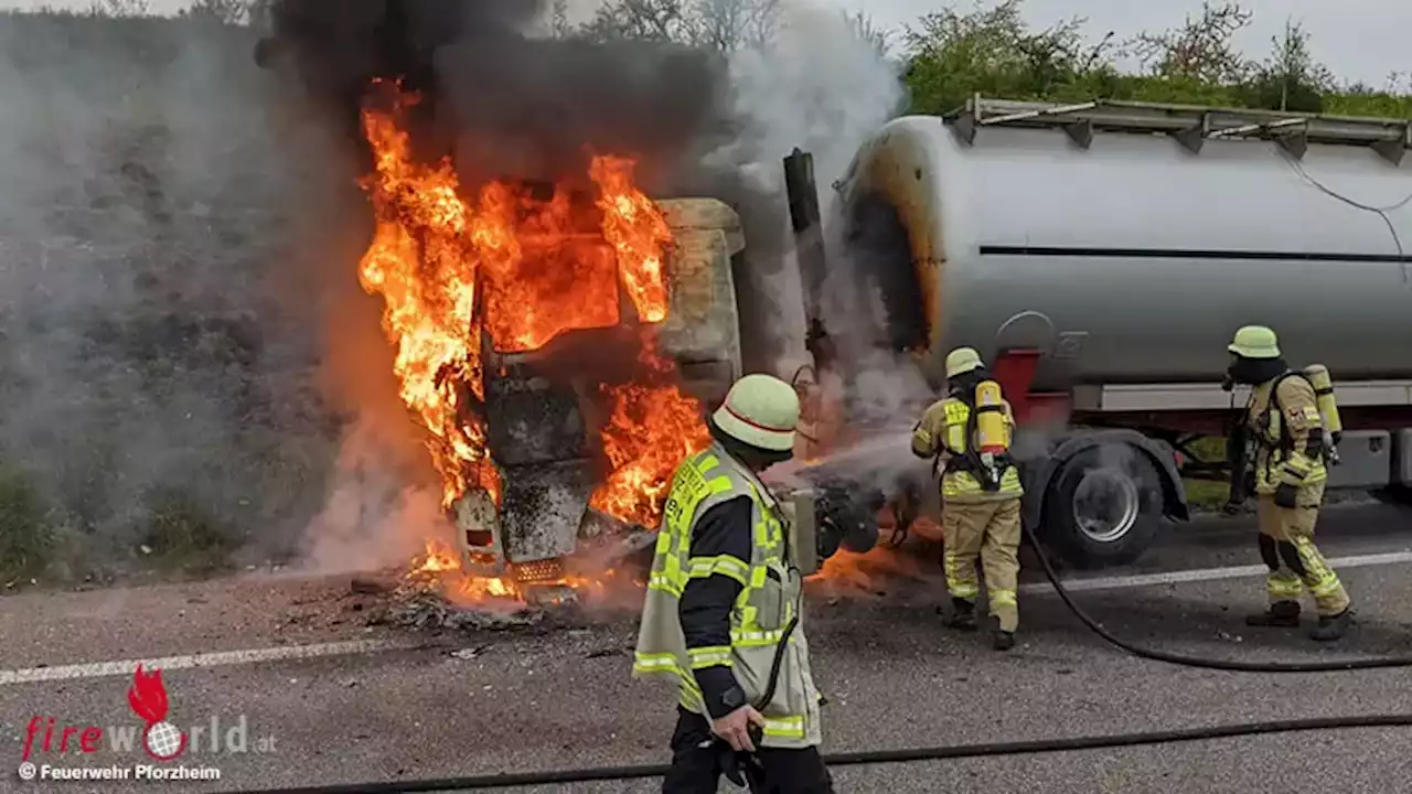 D: Brennende Lkw-Zugmaschine auf der BAB 8 bei Pforzheim