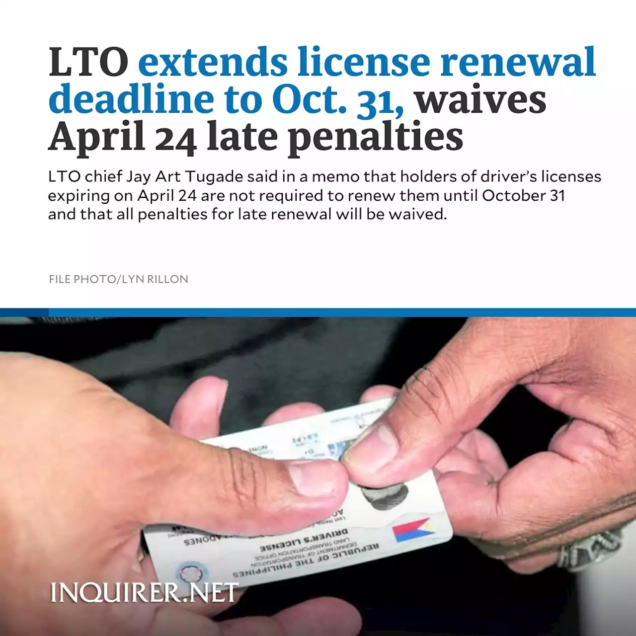 LTO extends license renewal deadline to Oct. 31, waives April 24 late penalties