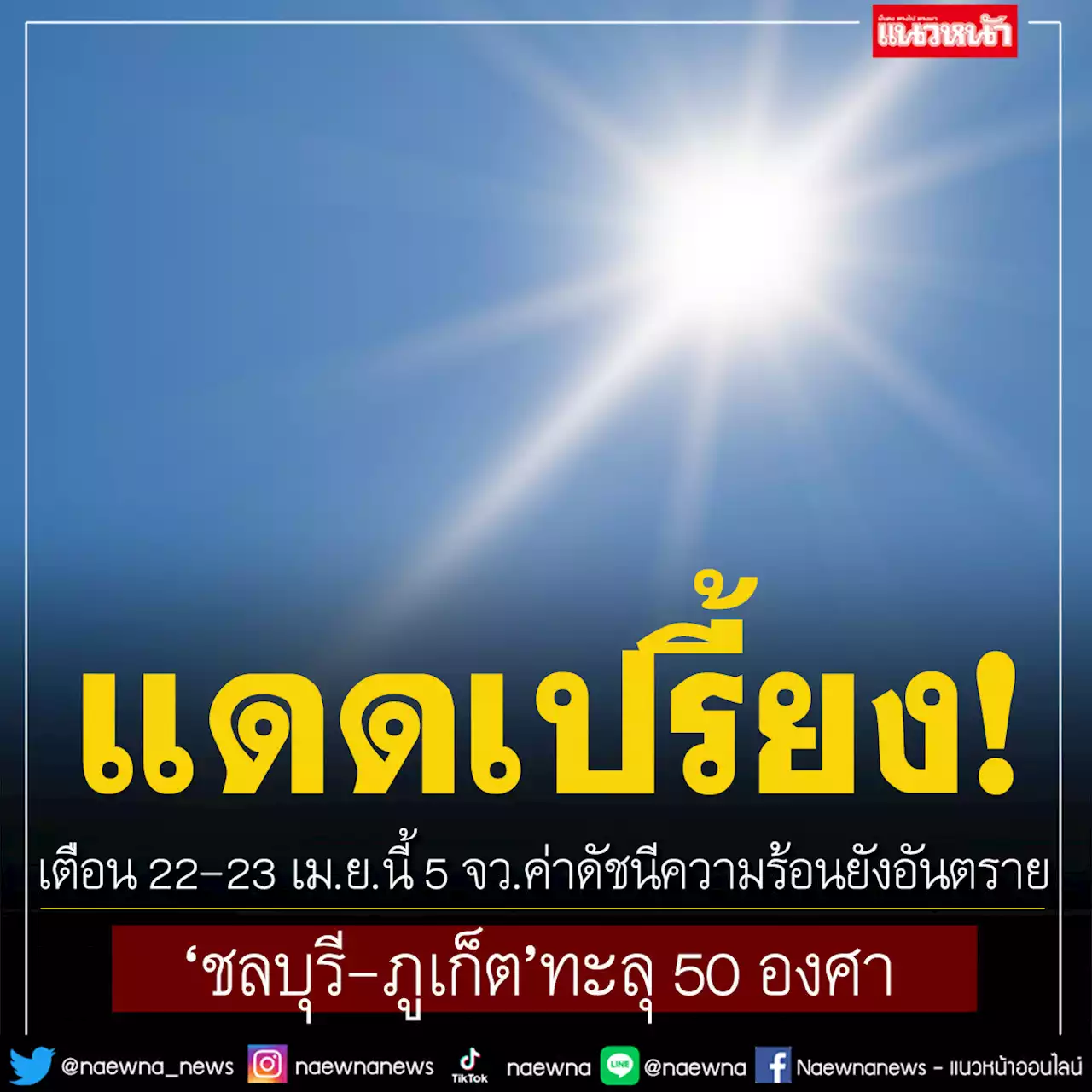 เตือน 22-23 เม.ย.นี้ 5 จังหวัด ค่าดัชนีความร้อนยังอันตราย 'ชลบุรี-ภูเก็ต'ทะลุ 50 องศา