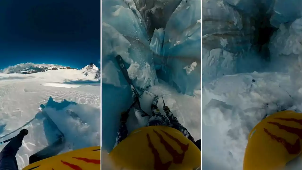 French skier falls into massive crevasse in terrifying helmet video