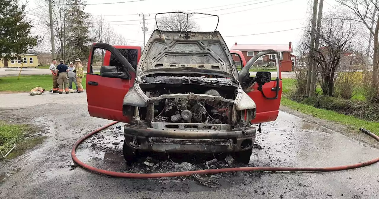 Pickup truck destroyed in vehicle fire