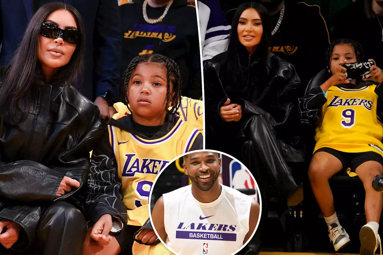 Kim Kardashian’s son Saint sits courtside in Tristan Thompson Lakers jersey