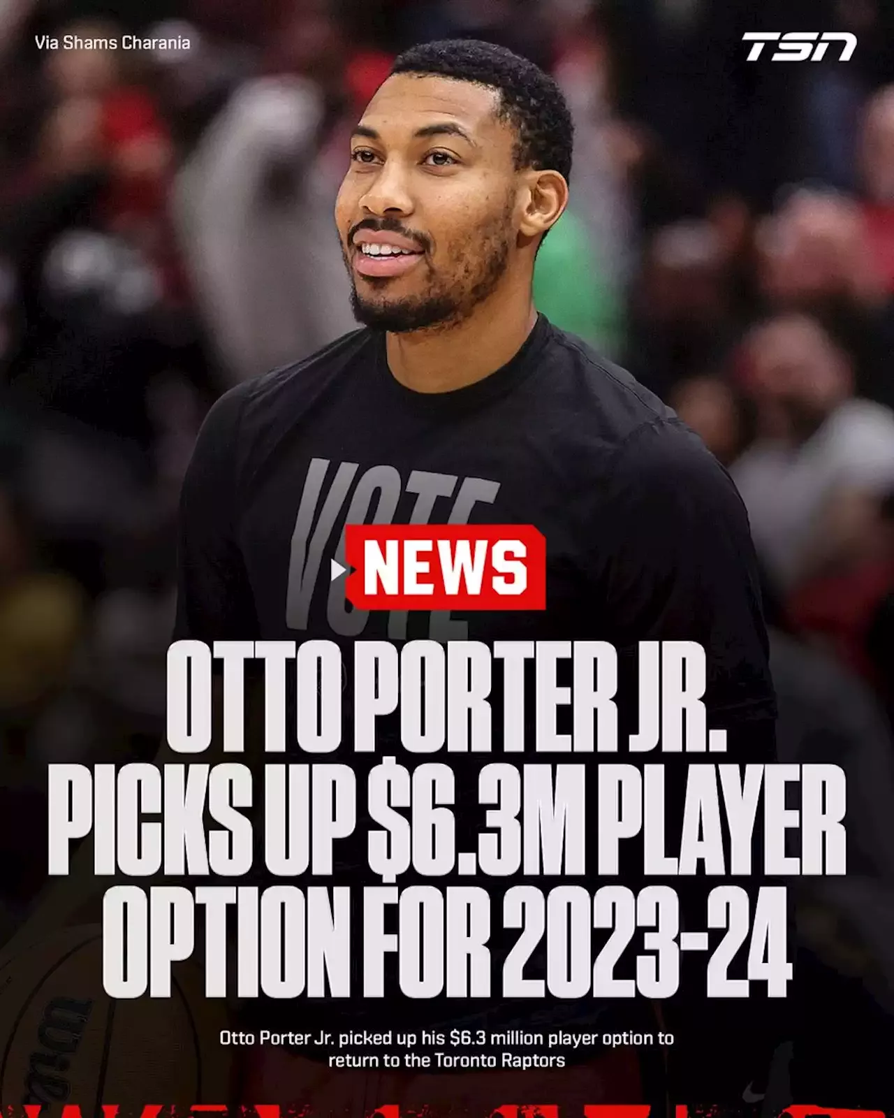 Toronto Raptors forward Otto Porter Jr. picks up player option for 2023