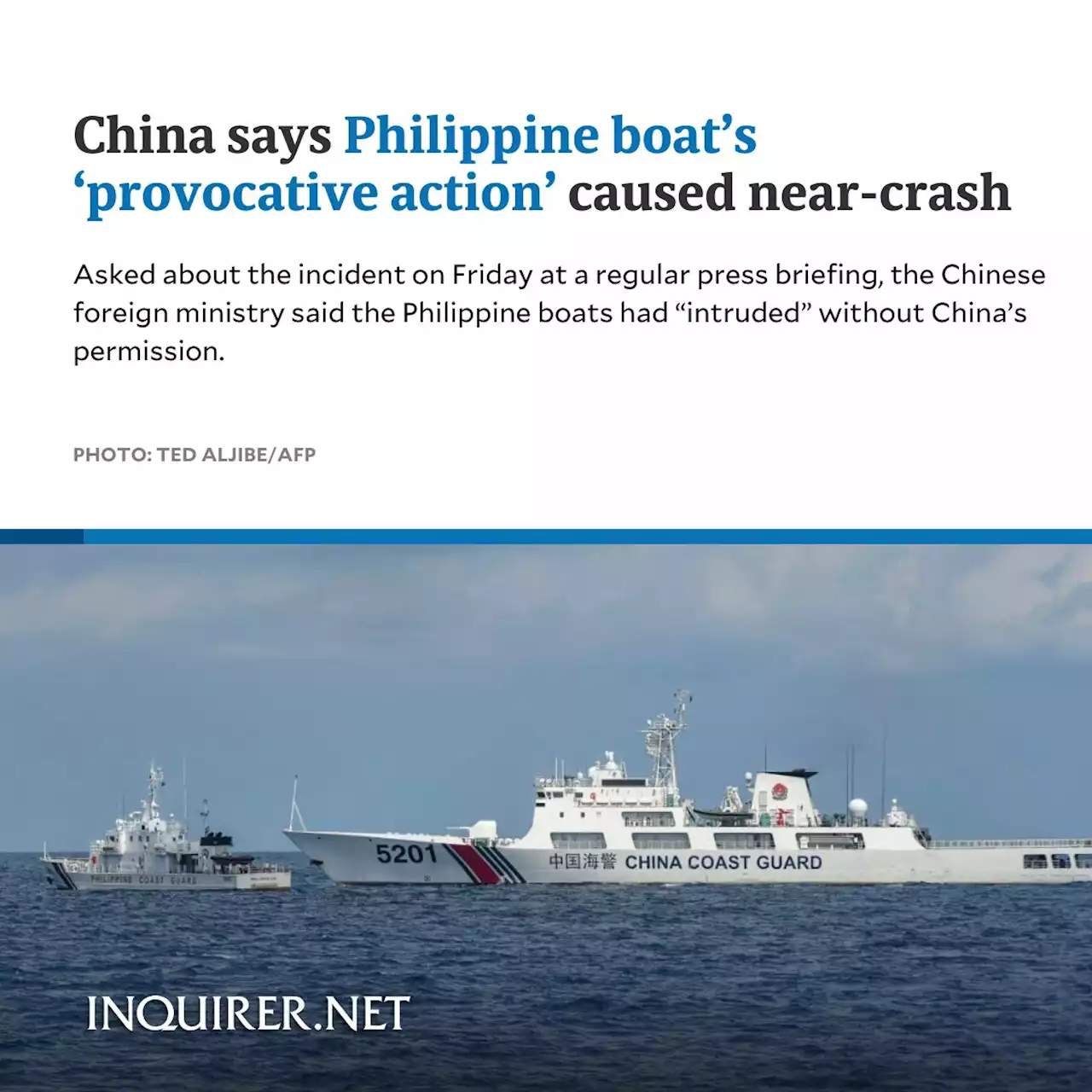 China says Philippine boat’s ‘provocative action’ caused near-crash