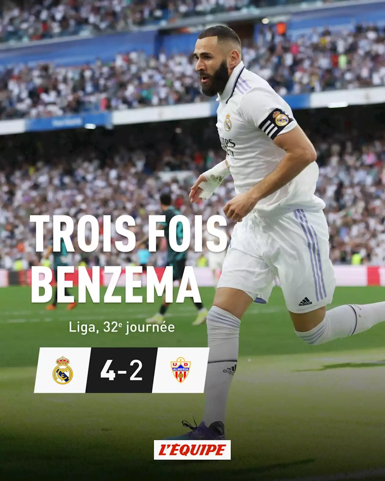 Benzema voit triple, le Real Madrid large vainqueur d'Almeria