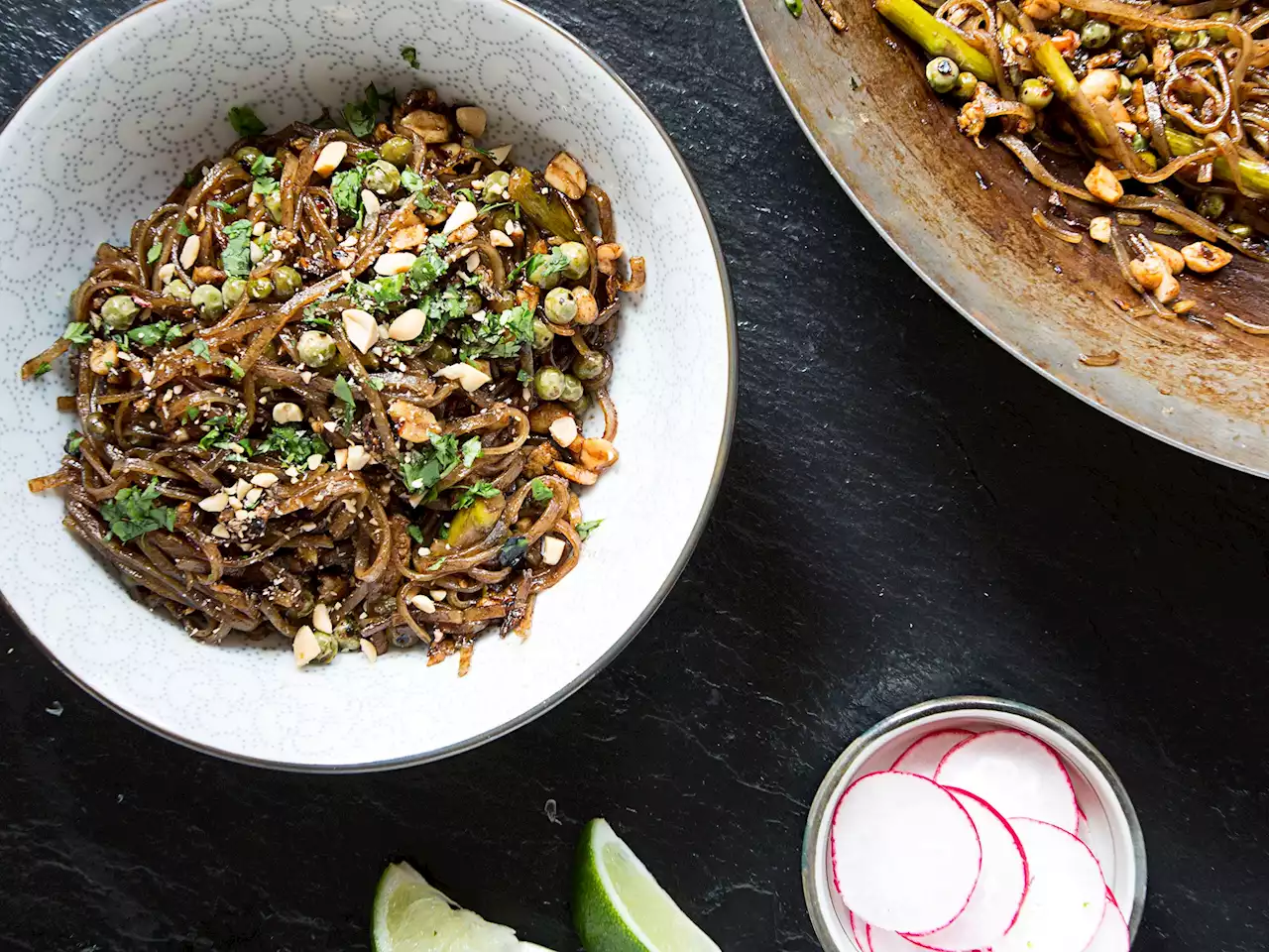 Spring Pad Thai with Green Garlic, Asparagus, and Peas