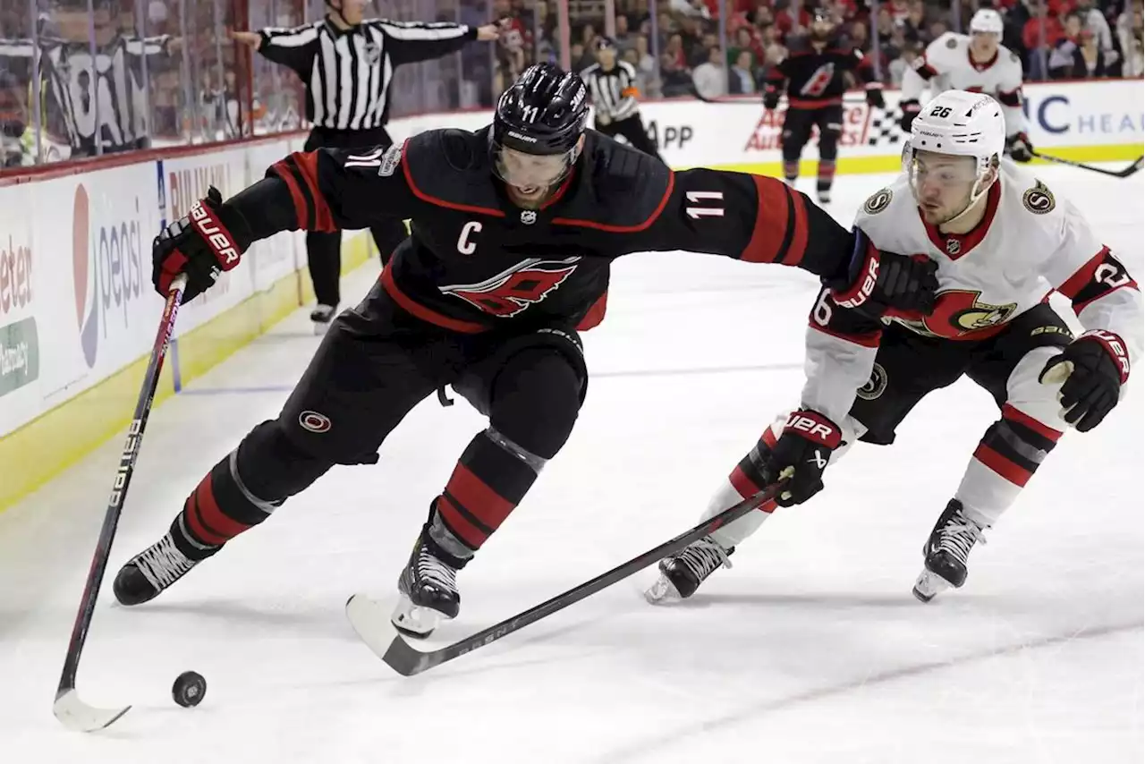 Necas scores in OT as Hurricanes edge Senators 3-2