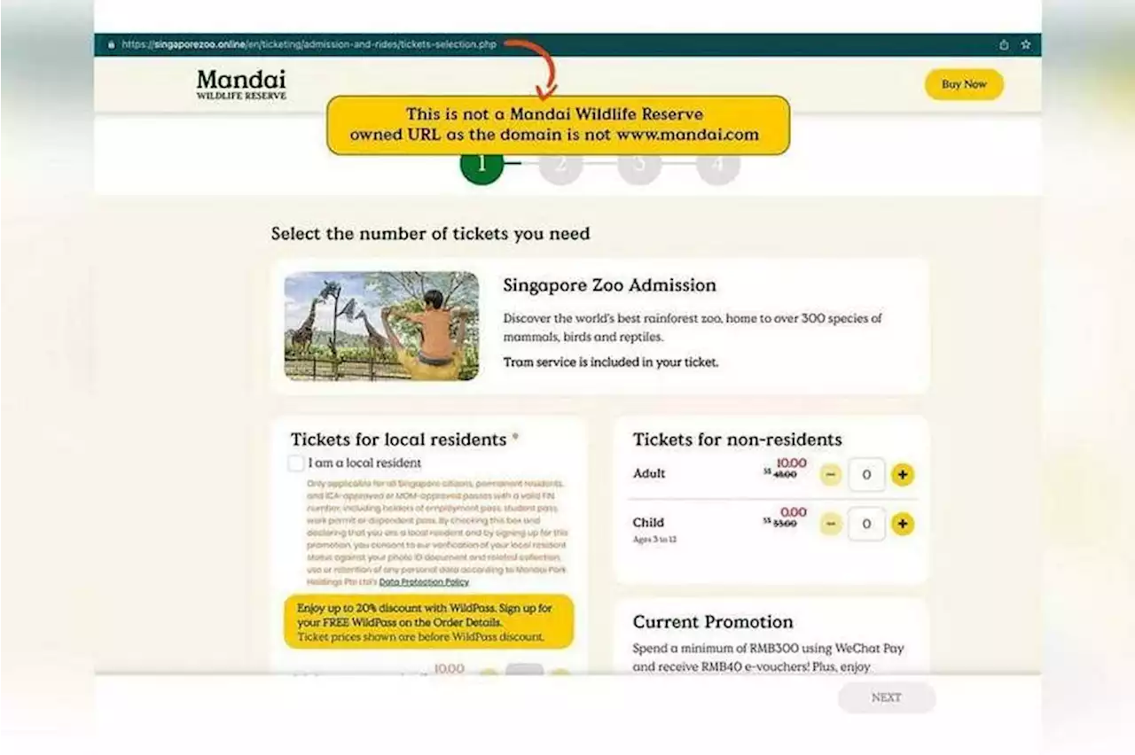 Scam site mimicking Mandai Wildlife Reserve website selling fake $10 Singapore Zoo tickets