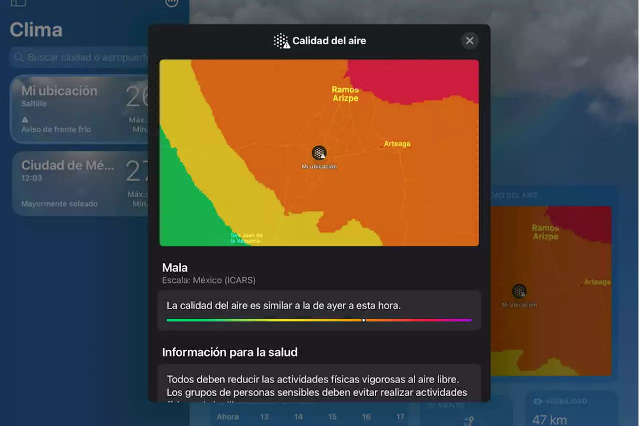 Mala calidad del aire en Saltillo para Semana Santa, según aplicación del clima de Apple