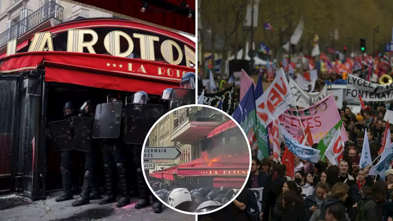 Paris burns as protestors hurl rats and set fire to restaurant favoured by Macron in response to pension reforms