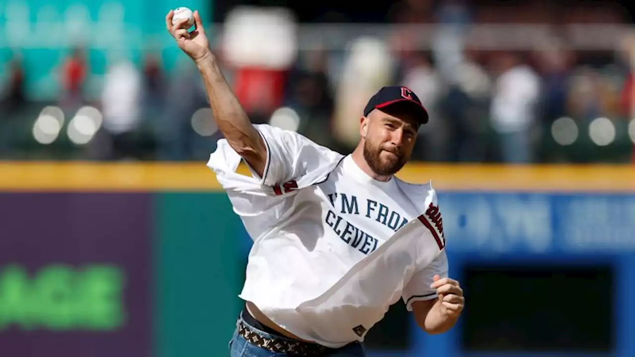 Super Bowl winner Travis Kelce throws a comical first pitch at Guardians game | CNN