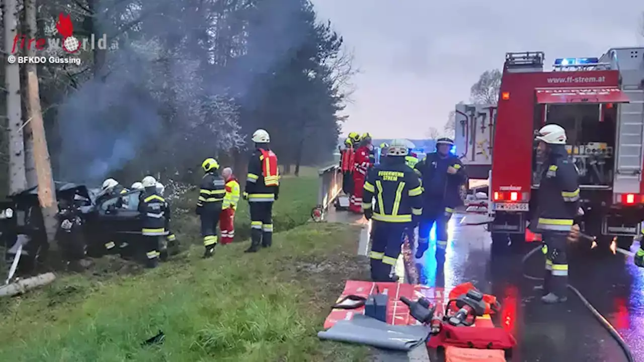 Bgld: Eingeklemmter nach Pkw-Kollision mit Baum neben der B 56 in Güssing