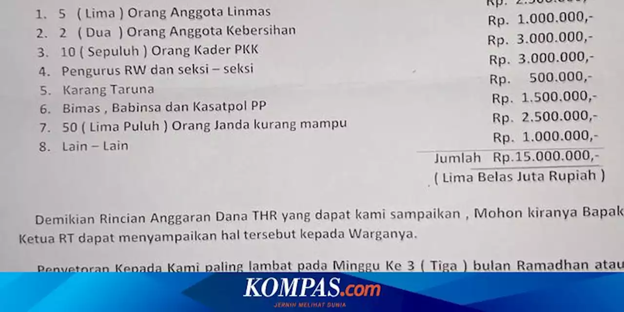 Perangkat RW07 Keagungan Minta Pungutan Rp 15 Juta ke Warga untuk THR Kader PKK hingga Karang Taruna