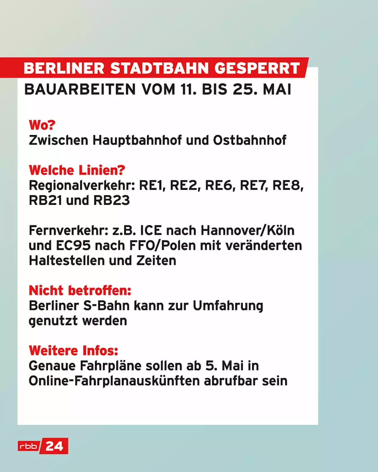 Berliner Stadtbahn wird zwei Wochen für Regional- und Fernverkehr gesperrt